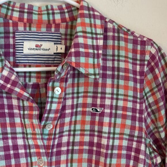 Vineyard Vines Women linen blend summer Plaid Button-Up Shirt work size 4 NWOT - Picture 4 of 9